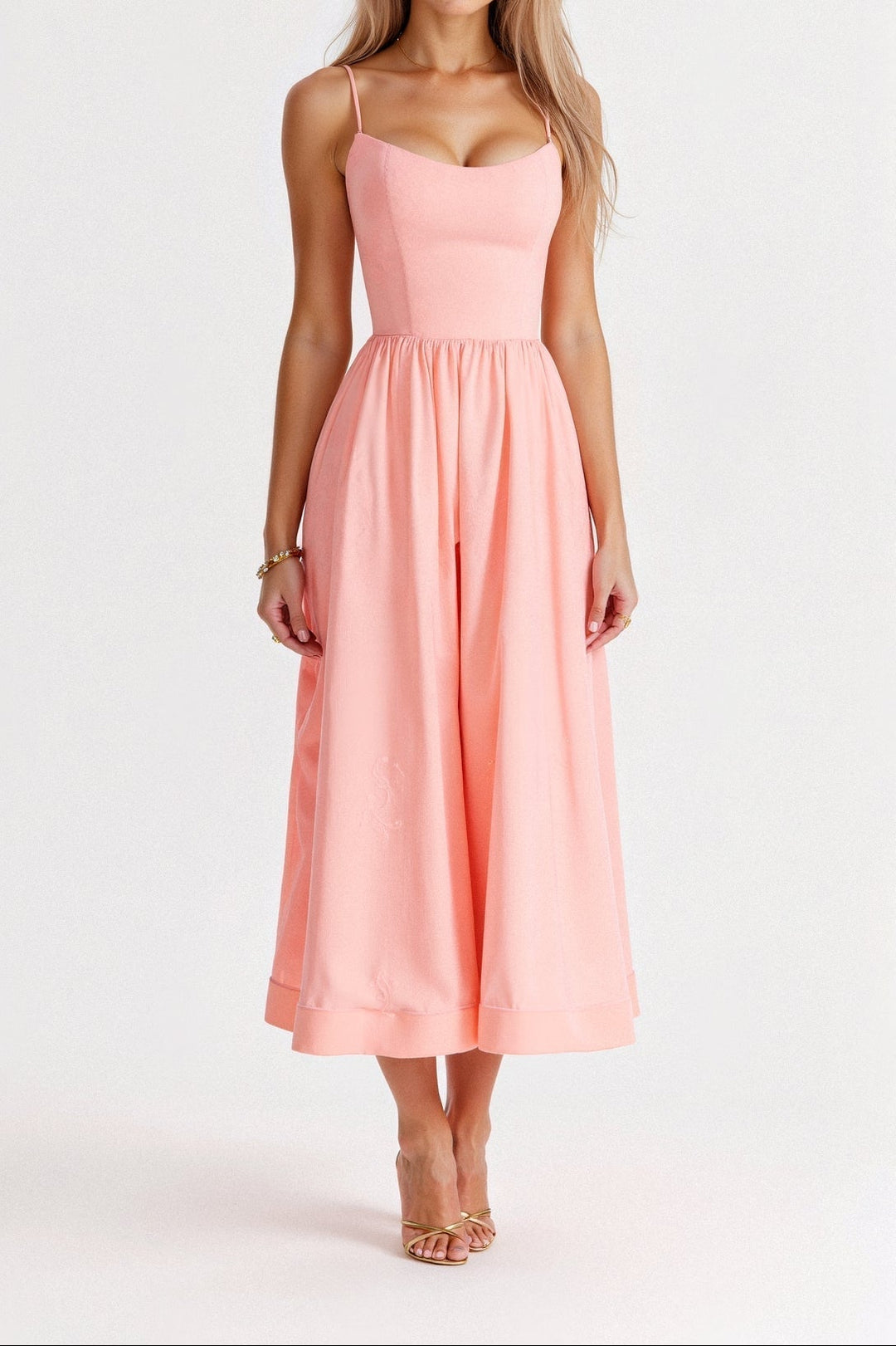 Women’s A-Line Midi Dress with Shoulder Straps and Flared Skirt Shape