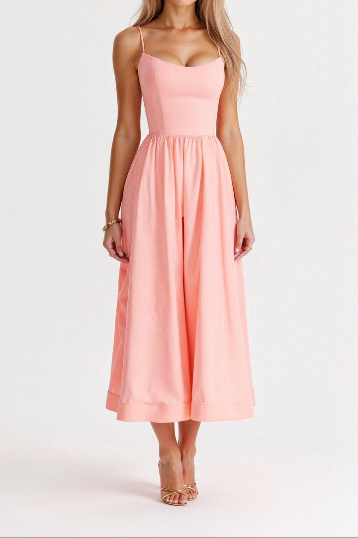 Women’s A-Line Midi Dress with Shoulder Straps and Flared Skirt Shape