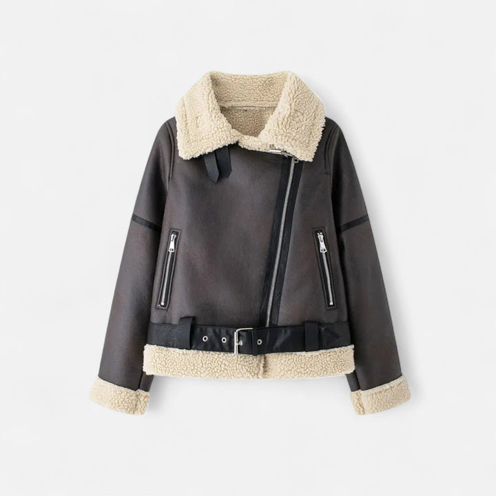 Women’s Belted Jacket waist with Angled Zip and Raised Collar