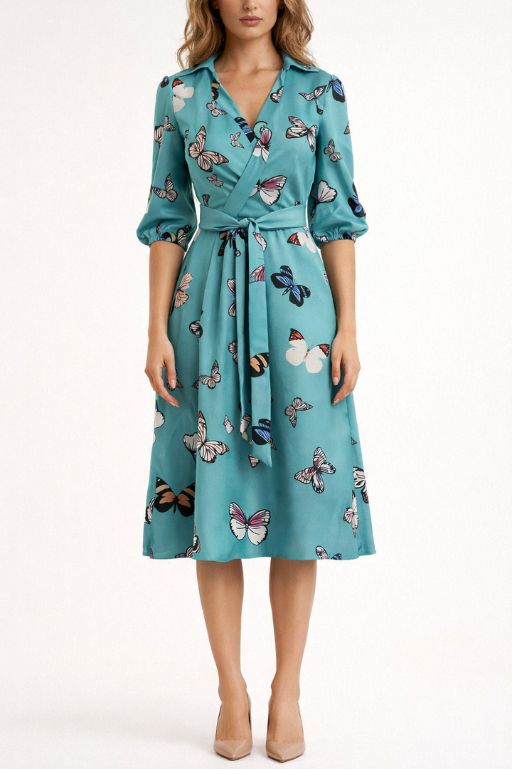 Women's Butterfly Print Wrap Midi Dress with Waist Belt