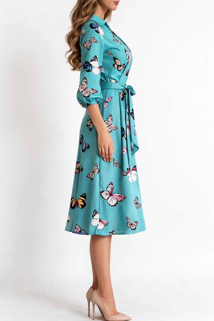 Women's Butterfly Print Wrap Midi Dress with Waist Belt