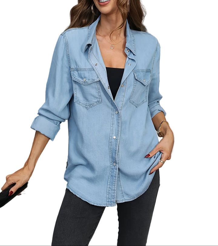 Women's Button Front Long Sleeve Denim Shirt with Chest Pockets