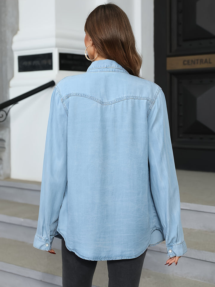 Women's Button Front Long Sleeve Denim Shirt with Chest Pockets
