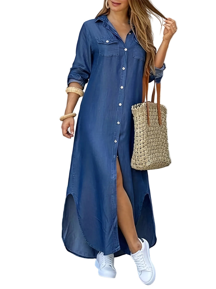Women's Button Front Loose Denim Shirt Dress