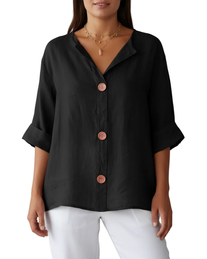 Women's Button Front V Neck Blouse with Half Sleeve