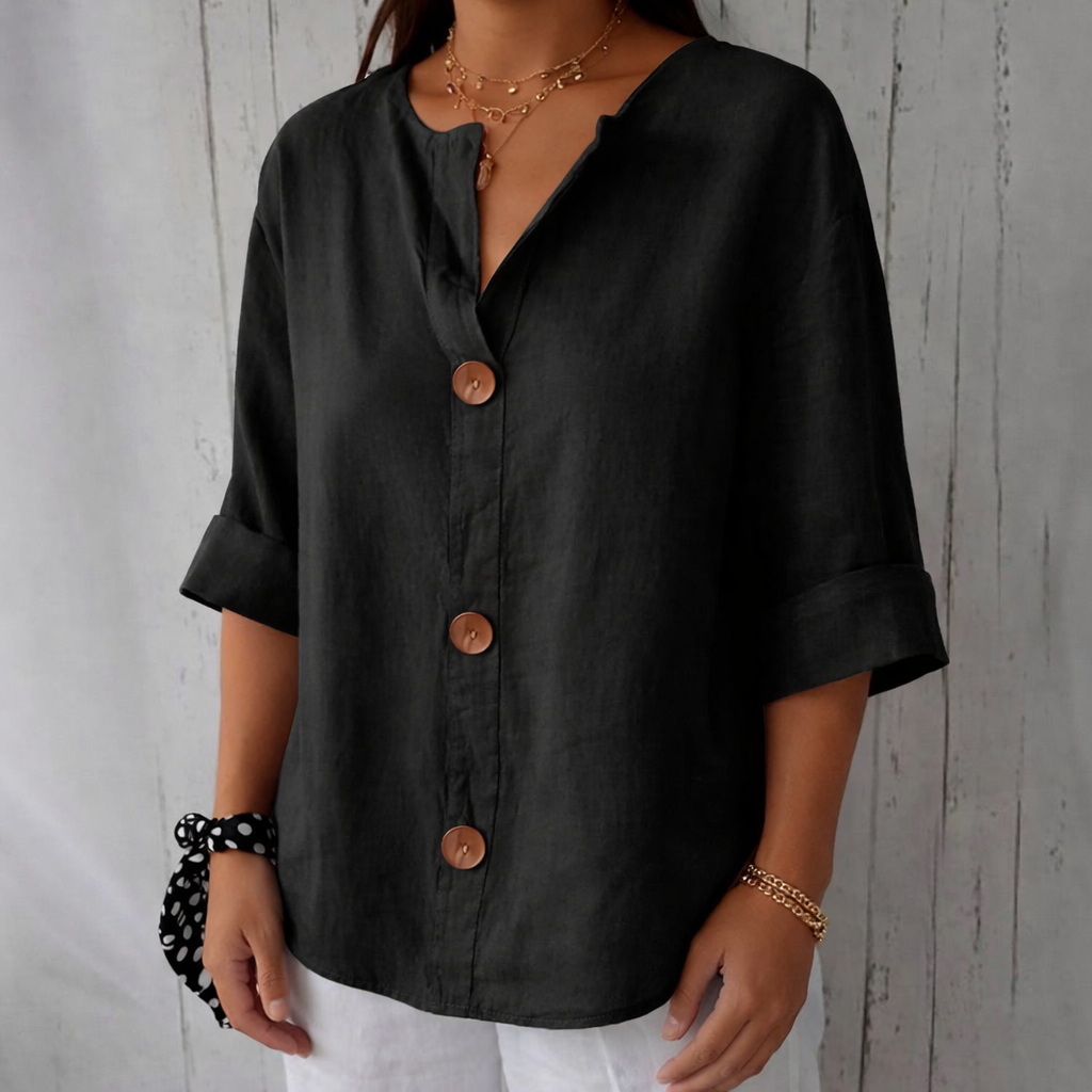 Women's Button Front V Neck Blouse with Half Sleeve