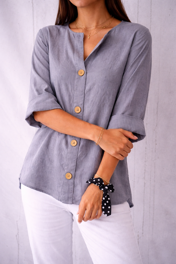 Women's Button Front V Neck Blouse with Half Sleeve