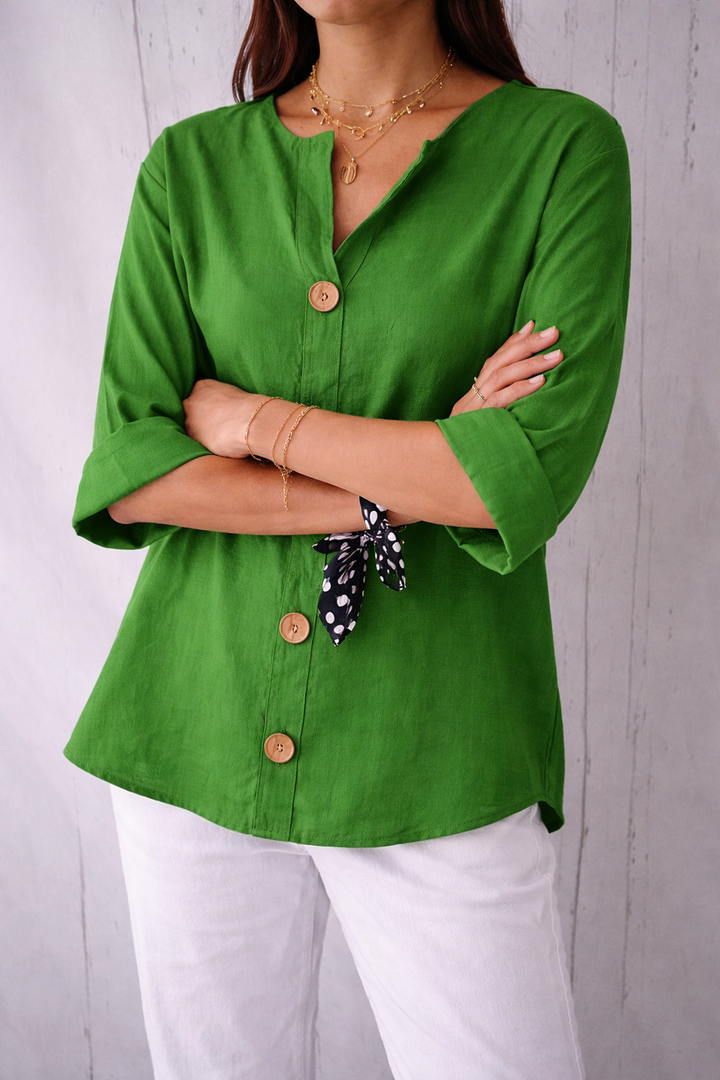 Women's Button Front V Neck Blouse with Half Sleeve