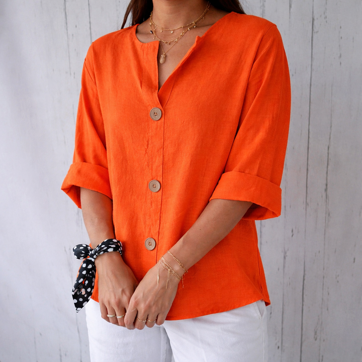 Women's Button Front V Neck Blouse with Half Sleeve