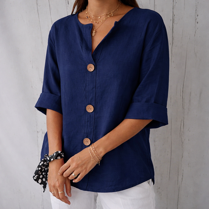 Women's Button Front V Neck Blouse with Half Sleeve