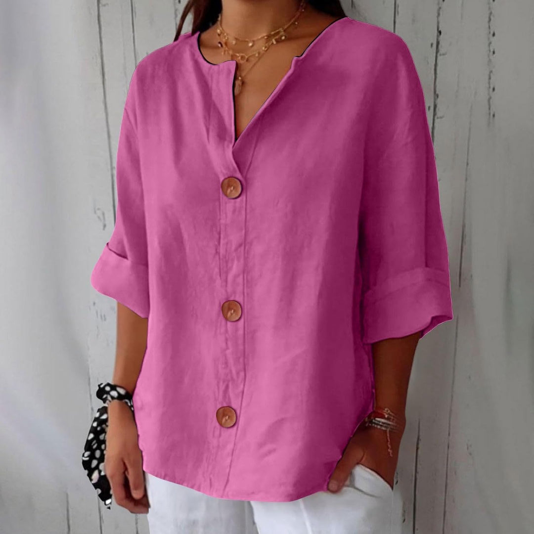 Women's Button Front V Neck Blouse with Half Sleeve