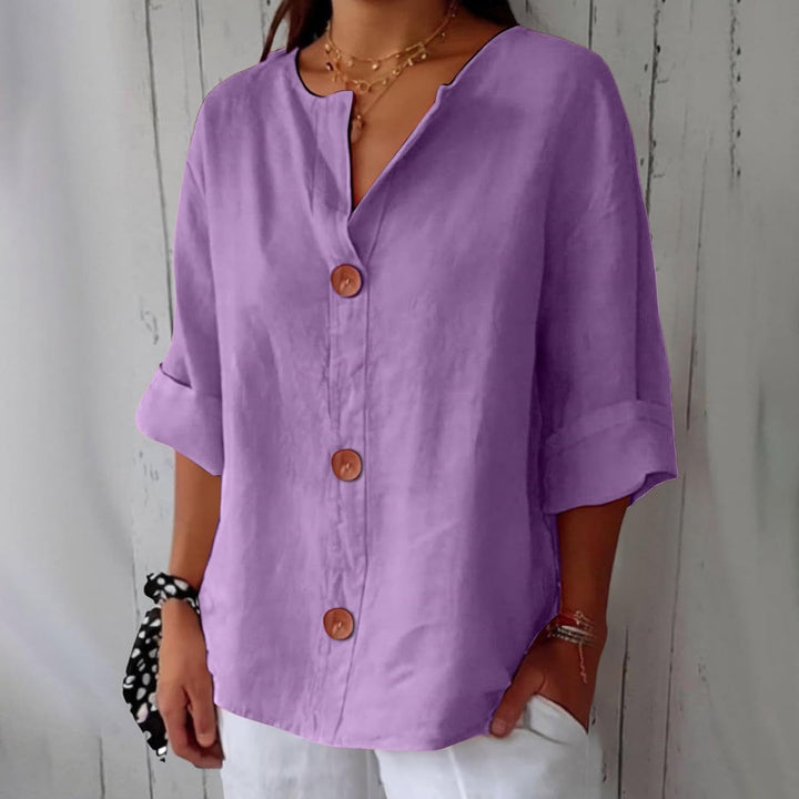 Women's Button Front V Neck Blouse with Half Sleeve