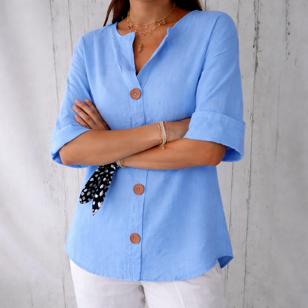 Women's Button Front V Neck Blouse with Half Sleeve