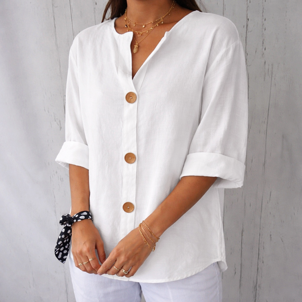Women's Button Front V Neck Blouse with Half Sleeve
