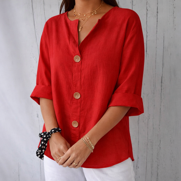 Women's Button Front V Neck Blouse with Half Sleeve