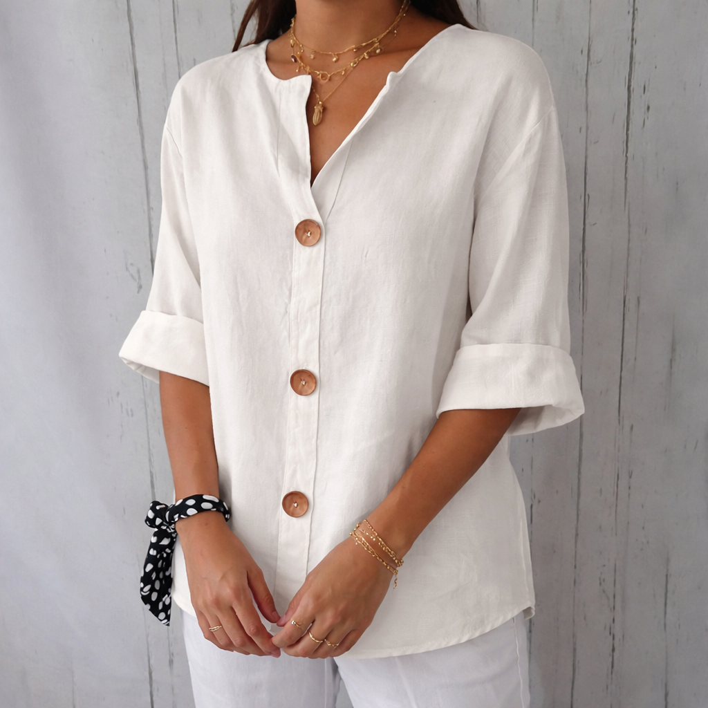 Women's Button Front V Neck Blouse with Half Sleeve