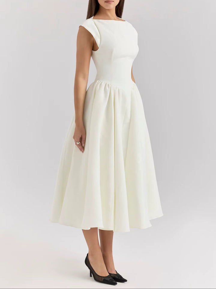 Women's Cap Sleeve Flared Midi Dress with Fitted Waist