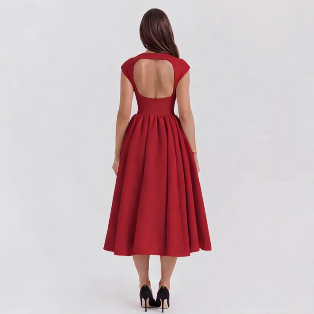 Women's Cap Sleeve Flared Midi Dress with Fitted Waist