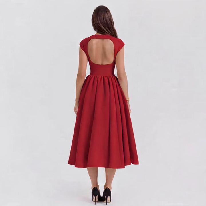 Women's Cap Sleeve Flared Midi Dress with Fitted Waist