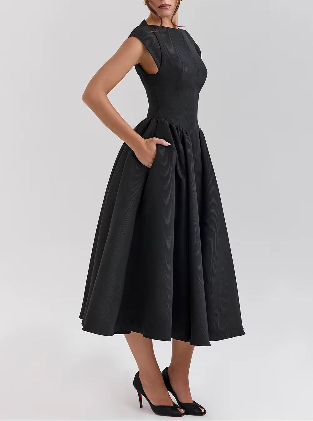 Women's Cap Sleeve Flared Midi Dress with Fitted Waist