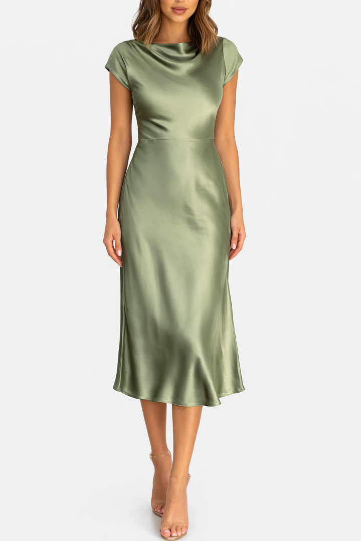 Women’s Cap Sleeve Slip Midi Dress with Draped Neckline Design