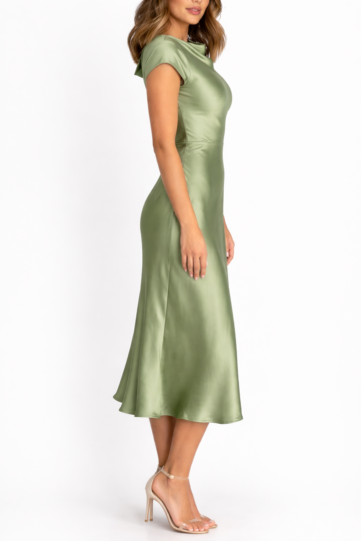 Women’s Cap Sleeve Slip Midi Dress with Draped Neckline Design