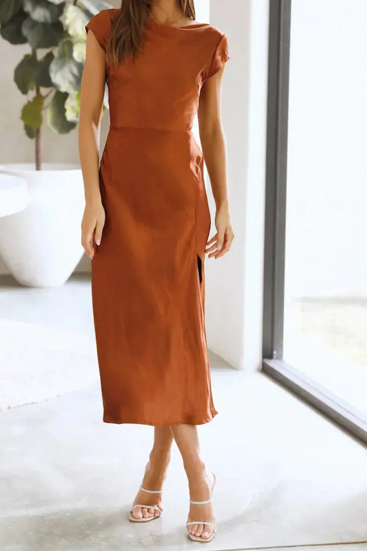 Women’s Cap Sleeve Slip Midi Dress with Draped Neckline Design