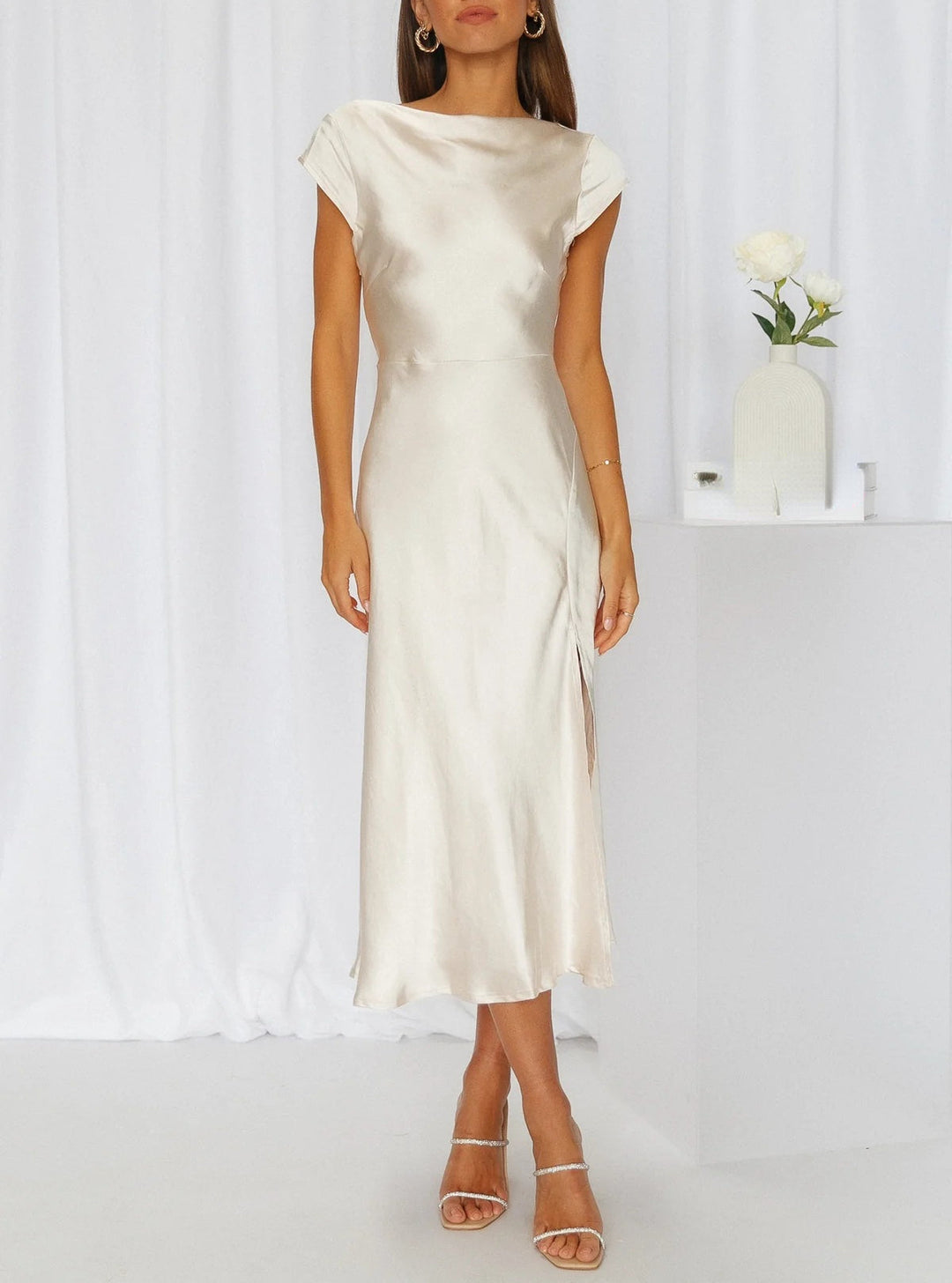Women’s Cap Sleeve Slip Midi Dress with Draped Neckline Design