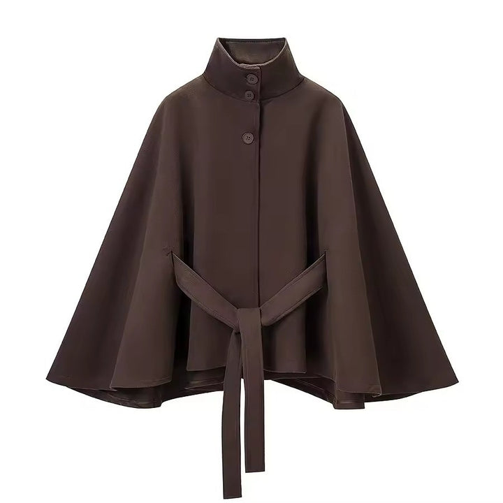 Women’s Cape Sleeves Short Coat with Funnel Neck and Belted Waist