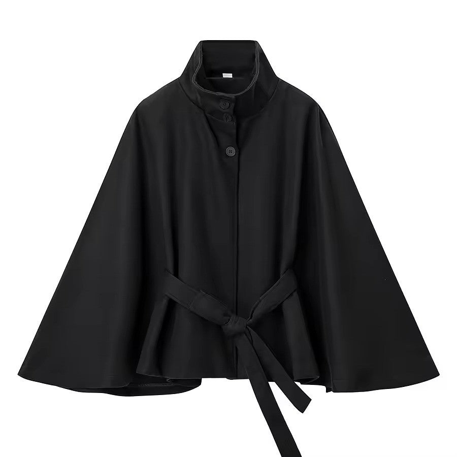 Women’s Cape Sleeves Short Coat with Funnel Neck and Belted Waist