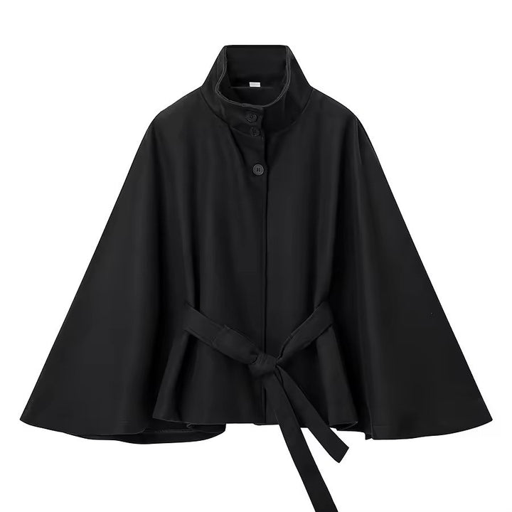 Women’s Cape Sleeves Short Coat with Funnel Neck and Belted Waist