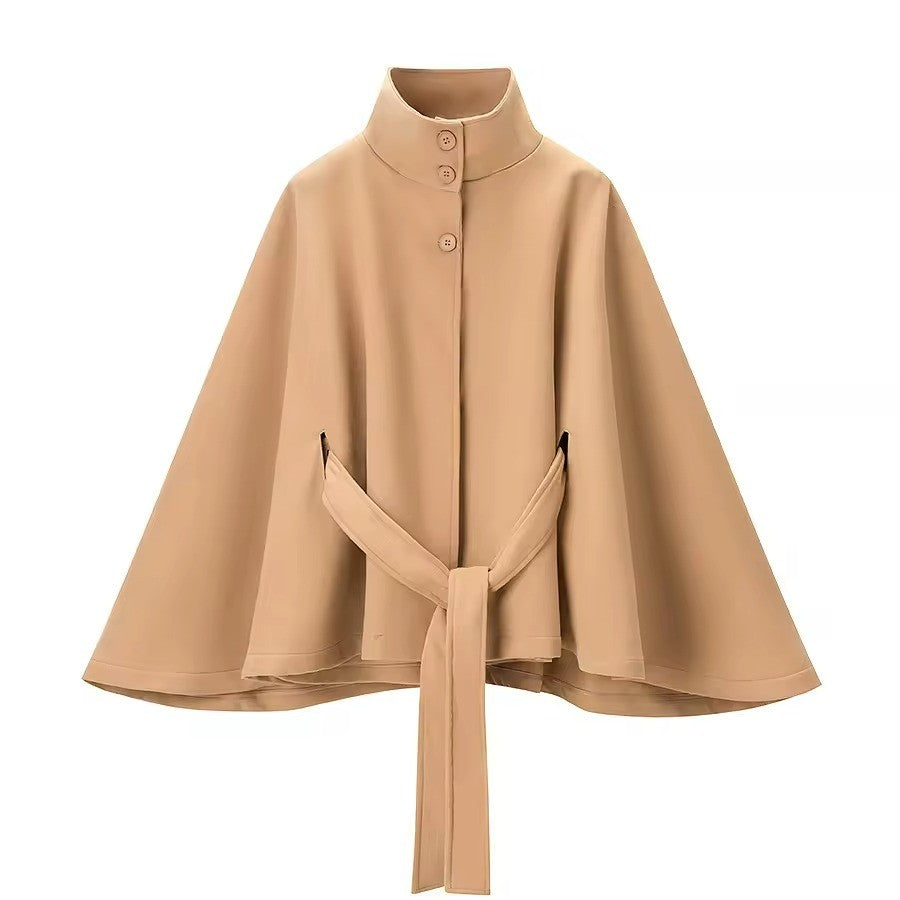 Women’s Cape Sleeves Short Coat with Funnel Neck and Belted Waist