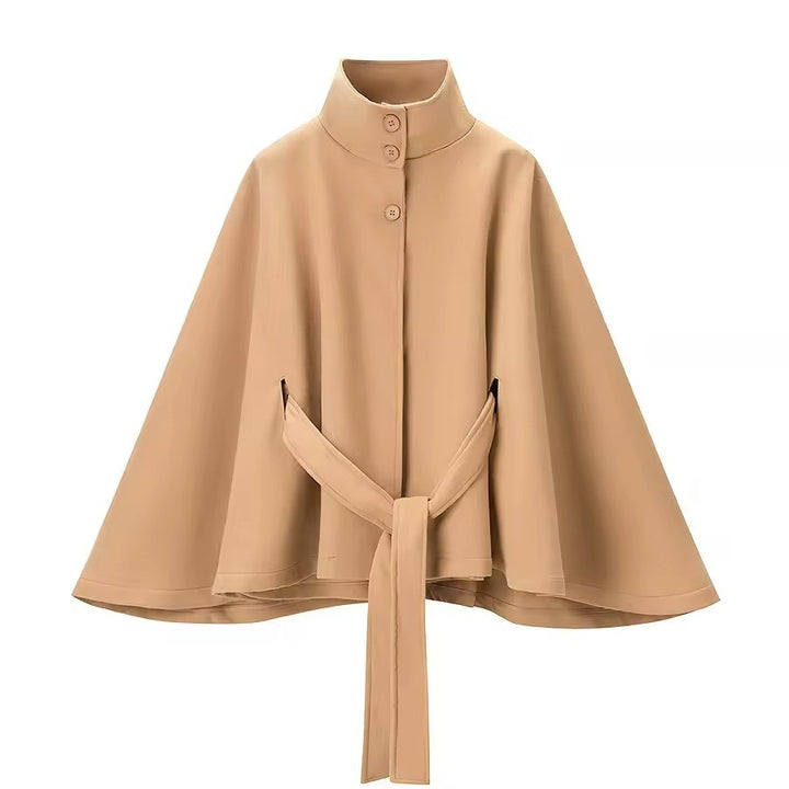 Women’s Cape Sleeves Short Coat with Funnel Neck and Belted Waist