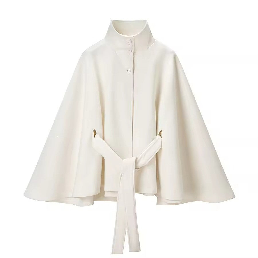 Women’s Cape Sleeves Short Coat with Funnel Neck and Belted Waist