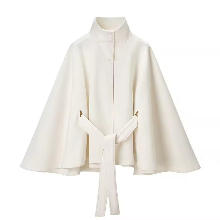 Women’s Cape Sleeves Short Coat with Funnel Neck and Belted Waist