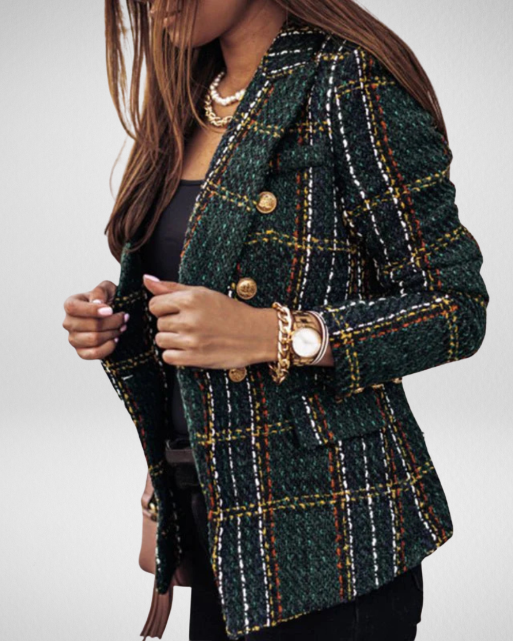Women's Check Blazer with Straight Shape and Button Fastening