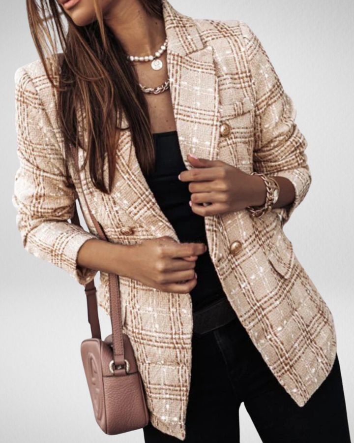 Women's Check Blazer with Straight Shape and Button Fastening