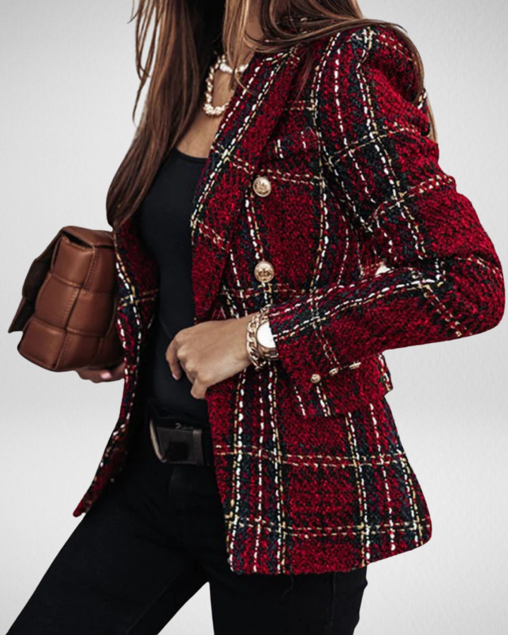 Women's Check Blazer with Straight Shape and Button Fastening
