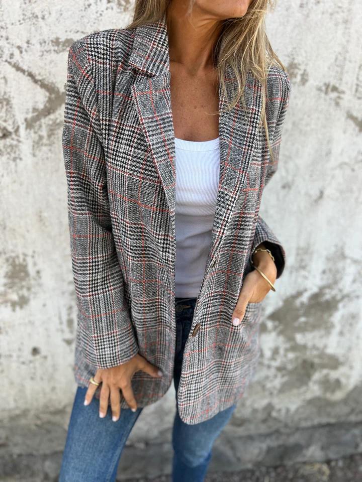 Women's Checked Blazer with Single Button Front