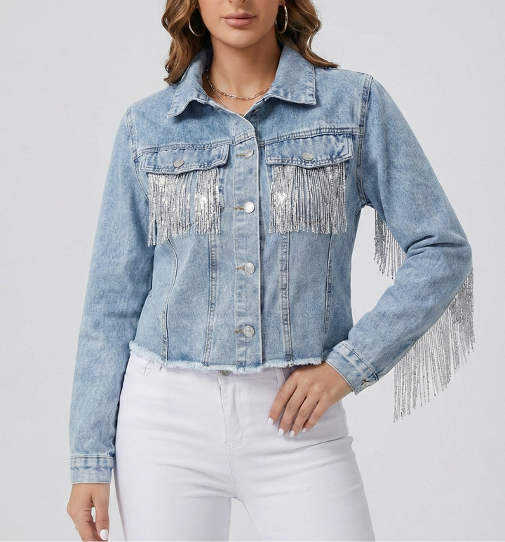 Women's Collared Button Front Cropped Denim Jacket with Fringe Detail