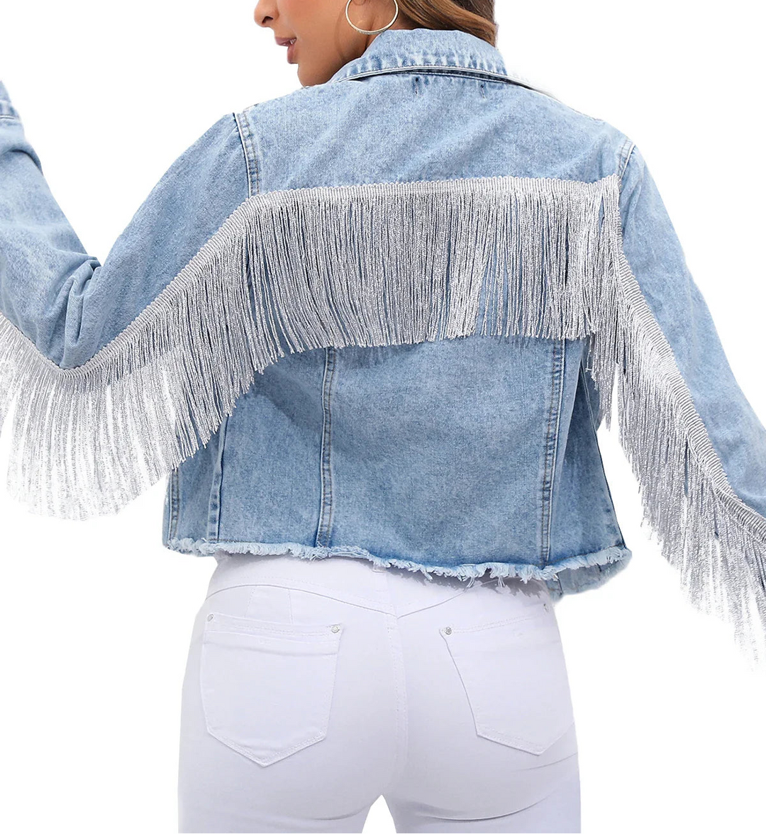 Women's Collared Button Front Cropped Denim Jacket with Fringe Detail