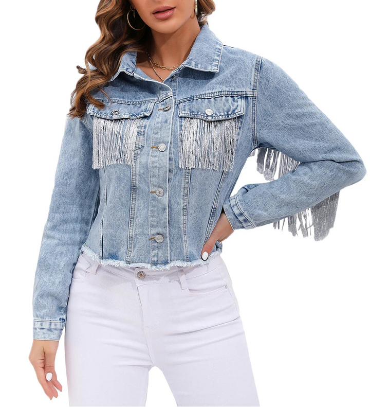 Women's Collared Button Front Cropped Denim Jacket with Fringe Detail