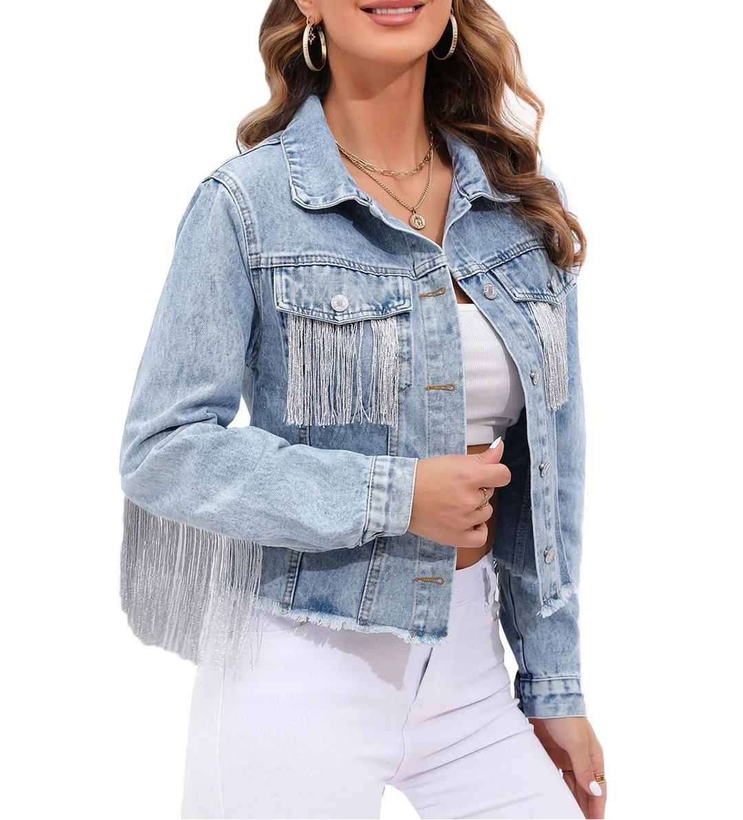 Women's Collared Button Front Cropped Denim Jacket with Fringe Detail