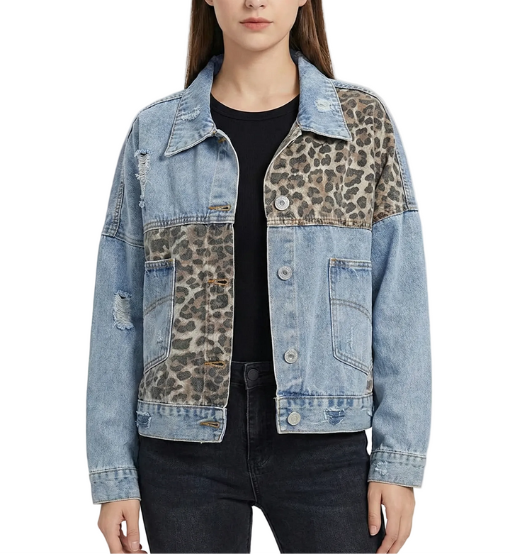Women's Collared Button Front Denim Jacket with Leopard Details