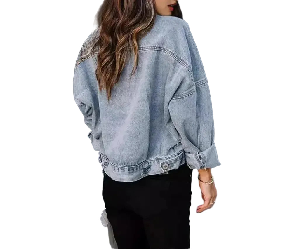 Women's Collared Button Front Denim Jacket with Leopard Details