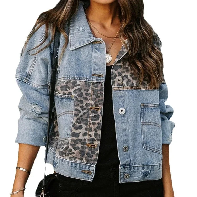 Women's Collared Button Front Denim Jacket with Leopard Details