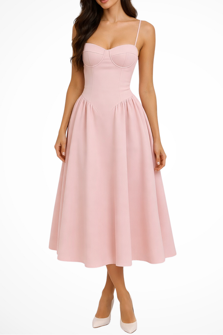 Women’s Corset Bodice A Line Midi Wedding Guests Dress