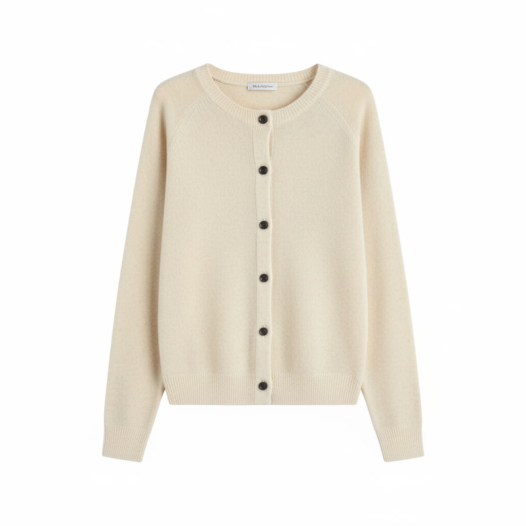 Women's Crew Neck Cardigan with Button Fastening and Ribbed Trims