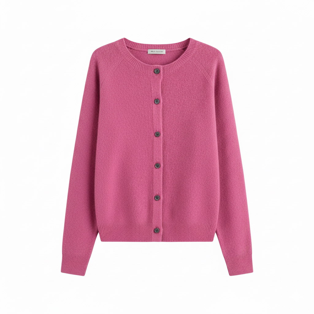 Women's Crew Neck Cardigan with Button Fastening and Ribbed Trims