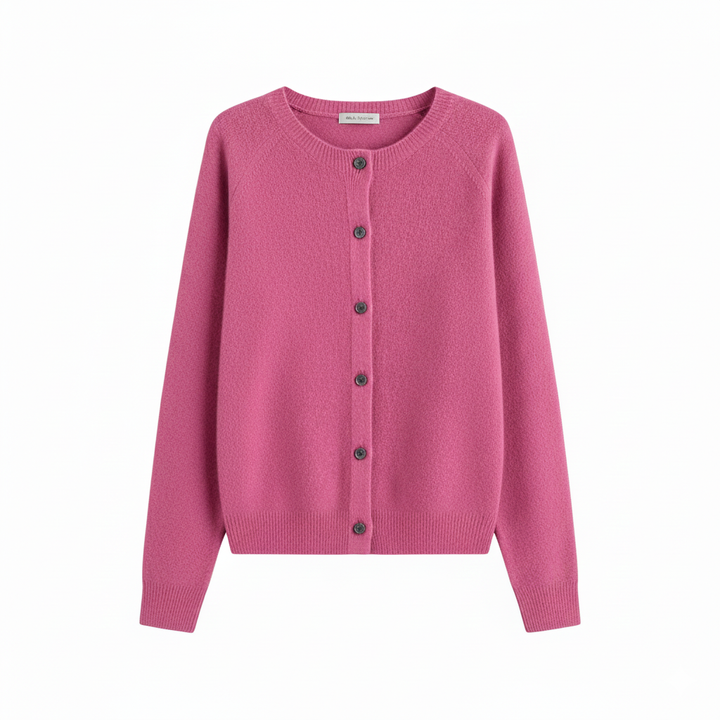 Women's Crew Neck Cardigan with Button Fastening and Ribbed Trims